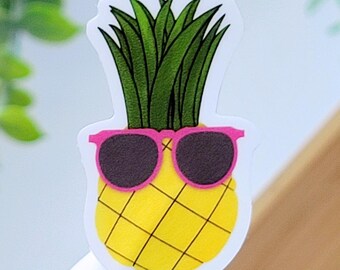 Tiny Yellow Pineapple Sunglasses Sticker | Cute Vinyl Luggage Sticker for Laptop, Water Bottle | Tropical Disco Fruit Stickers | Waterproof