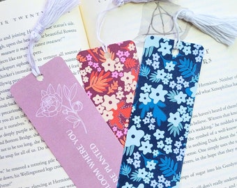 Handmade Laminated Bookmarks with Tassel | Women's Book Club | Cute Blue, Purple, Red, Pink Bookish Merch | Bloom Where You Are Planted
