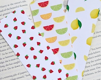 Summer Laminated Bookmarks | Lemon, Strawberry, Fruit Prints | Cute Bookmark for Women | Bookish Sticker Bundle or Reading Gift Set for Her