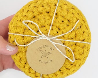 Colorful Crochet Coasters | 100% Cotton Ribbon Yarn | Table Top Decor | Handmade Gift For New Home Owner, House Closing, Apartment