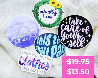 Affirmation Sticker Bundle | Deco Sticker Pack for Self Care Box | Gift Set Stocking Stuffer for Women | 5 Aesthetic Vinyl Decals for Laptop