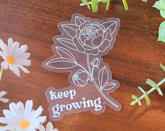 Keep Growing Clear White Flower Sticker for Laptop, Water Bottle | Fine Line Flower Decal | Girly Mirror Sticker | Plant Luggage Sticker