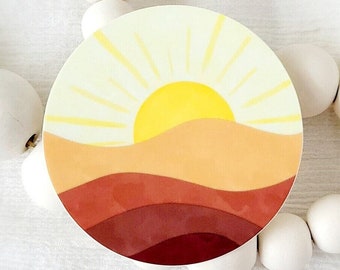 Boho Mountain Sunrise Sticker | Waterproof Decal for Laptop | Sunrise Painting Sticker Gift for Her