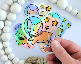 Astronaut Dog Holo Sticker | Celestial Kawaii Corgi Gift | Solar System, Science Stickers | Laptop, Cooler, Water Bottle, Luggage Sticker
