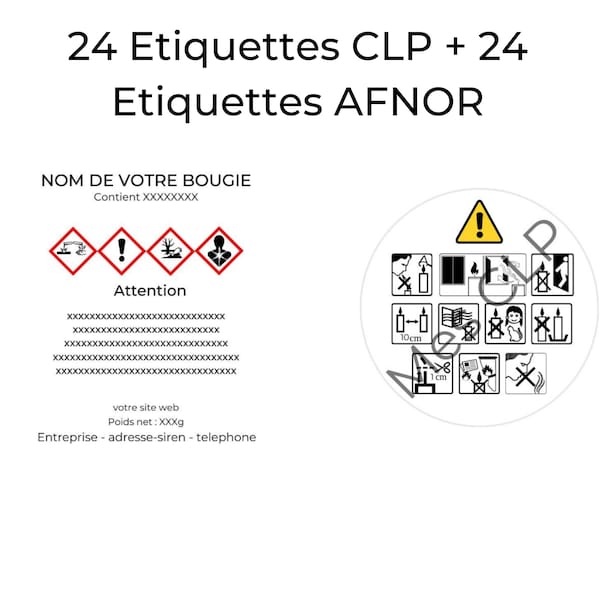 24 étiquettes CLP aux normes  + 24 étiquettes AFNOR pour bougie dosage 7 ou 10% - Plus de 500 références