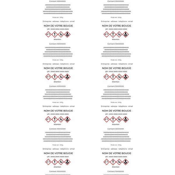 Planche de 10 étiquettes autocollantes CLP pour bougie et fondant aux normes UE