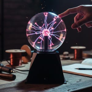 May include: A plasma ball with a black base, showing purple electrical discharges. A finger touches the glass sphere. The Tunnelbana logo is in the upper left corner. Other tools and a notebook are on the wooden surface.