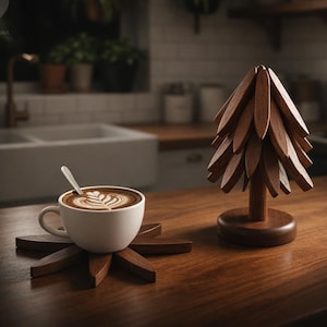 Può includere: Una tazza da caffè bianca con latte art e un cucchiaino d'argento poggiano su un sottobicchiere di legno. Un albero decorativo in legno è nelle vicinanze. Su una superficie di legno scuro in cucina.