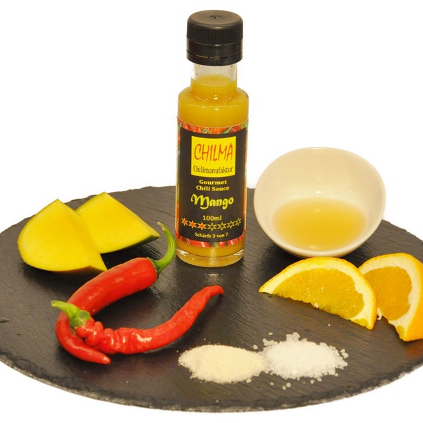 Mango von Chilma, 100 ml., fruchtige Chilisauce für alle Gemüse oder weissem Fleisch, zum Würzen oder Marinieren. Schärfe 3 von 7