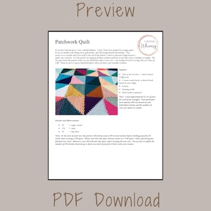 May include: A crochet pattern for a patchwork quilt. The pattern includes instructions for creating colorful triangles using single crochet and chain stitches. The image shows a sample of the finished quilt with a variety of colors.