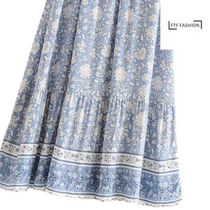 Bohemian Blue Floral Print High Waist Maxi A-Line Skirt | Boho Skirt | Vacation Skirt | Summer Skirt | Hippy Skirt | Casual Skirt