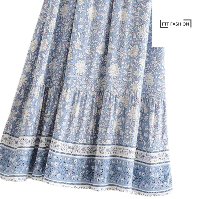 Bohemian Blue Floral Print High Waist Maxi A-Line Skirt | Boho Skirt | Vacation Skirt | Summer Skirt | Hippy Skirt | Casual Skirt