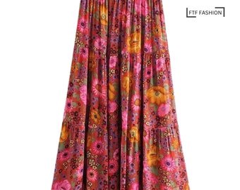Bohemian Red Floral Print High Waist Maxi A-Line Skirt | Boho Skirt | Vacation Skirt | Summer Skirt | Hippy Skirt | Casual Skirt