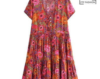 Bohemian Mini Floral Dress | Floral Print Beachwear | Short Sleeve Dress with V Neck Collar | Beach Chic Boho Dress