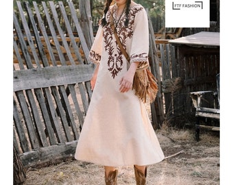 Boho besticktes Maxi Kleid | Blumendruck Bademode | Langarm-Kleid | Beach Chic Boho Kleid | Midi Boho Kleid