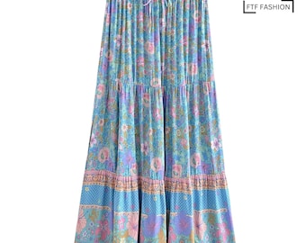 Bohemian Floral Print High Waist Maxi A-Line Skirt | Boho Skirt | Vacation Skirt | Summer Skirt | Hippy Skirt | Casual Skirt