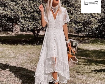 Bohemian Midi Dress | Solid Party Dress | Sleeveless Dress with V neck Collar | Summer Chic Boho Dress | White Bohemian Dress | Solid Dress