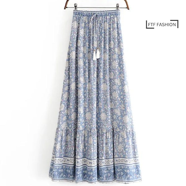 Boho Blau Blumendruck Hohe Taille Maxi A-Linien Rock | Boho Rock | Urlaubsrock | Sommerrock | Hippie Rock | Lässiger Rock