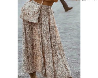 Maxi jupe trapèze taille haute à imprimé léopard bohème | Jupe bohème | Jupe de vacances | Jupe d'été | Jupe hippie | Jupe décontractée | Imprimé animal