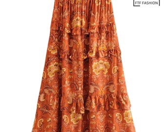 Bohemian Orange Ruffle Floral Print High Waist Maxi A-Line Skirt | Boho Skirt | Vacation Skirt | Summer Skirt | Hippy Skirt | Casual Skirt
