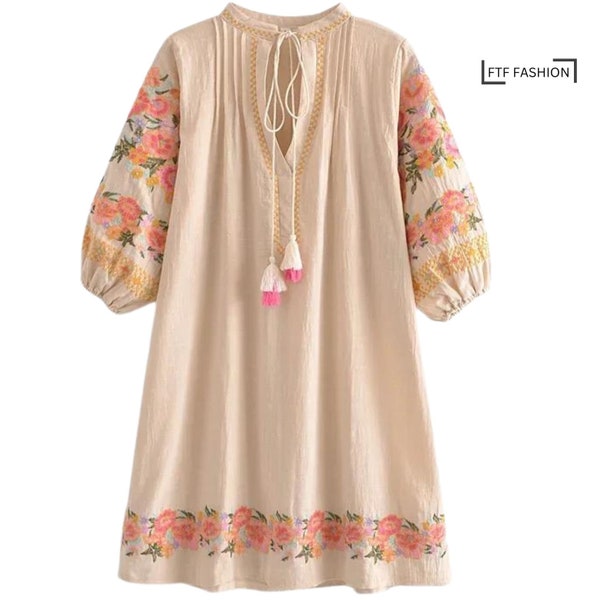 Bohemian Mini Embroided Floral Dress | Floral Print Beachwear | Short Sleeve Dress with Square Collar | Beach Chic Boho Dress