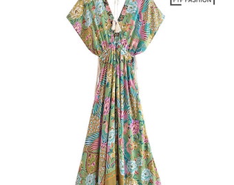 Summer Bohemian Dress: Boho Chic Maxi with Peacock Floral Print, Bat Sleeves, and V-Neckline | Vacation Dress | Floral Dress | Beach Dress