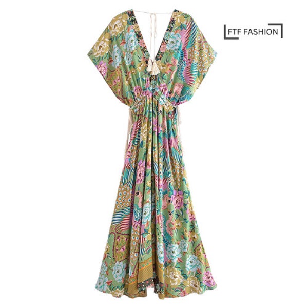 Summer Bohemian Dress: Boho Chic Maxi with Peacock Floral Print, Bat Sleeves, and V-Neckline | Vacation Dress | Floral Dress | Beach Dress