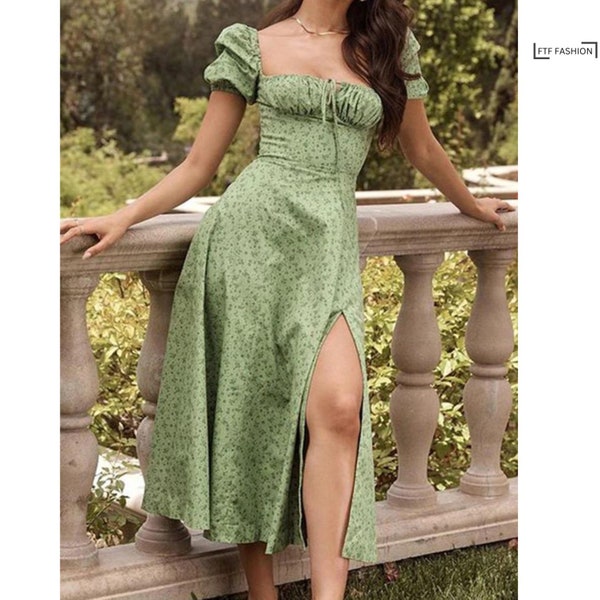 Bohème chic | Robe bohème d'été midi | Robe jaune à fleurs | Robe bohème fleurie à encolure carrée | Style bohème | Robe longue bohème