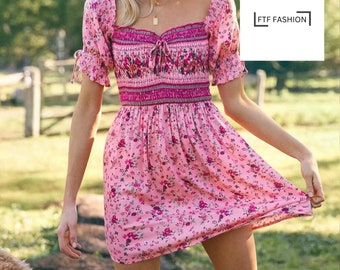 Bohemian Mini Dress | Floral Print Beachwear | Short Sleeve Dress with Square Collar | Beach Chic Boho Dress | Mini Bohemian Dress