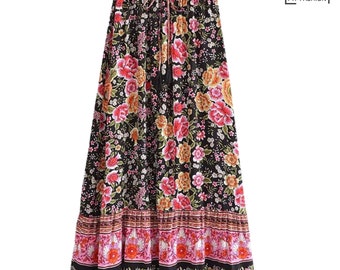 Bohemian Black Floral Print High Waist Maxi A-Line Skirt | Boho Skirt | Vacation Skirt | Summer Skirt | Hippy Skirt | Casual Skirt