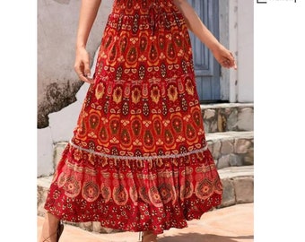 Bohemian Floral Print High Waist Maxi A-Line Skirt | Boho Skirt | Vacation Skirt | Summer Skirt | Hippy Skirt | Casual Skirt