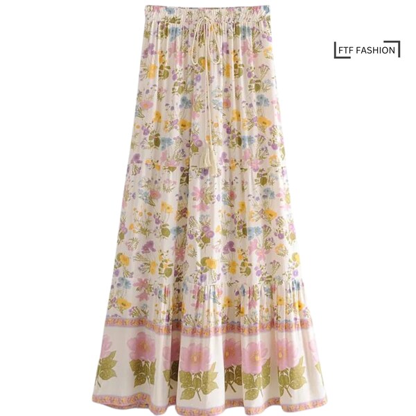Bohemian Floral Print High Waist Maxi A-Line Skirt | Boho Skirt | Vacation Skirt | Summer Skirt | Hippie Skirt | Casual Skirt