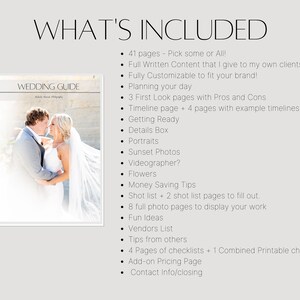 May include: A wedding guide with a photo of a couple on the cover. The guide includes 41 pages of content, checklists, and tips. The text "WHAT'S INCLUDED" is at the top, with a list of features.