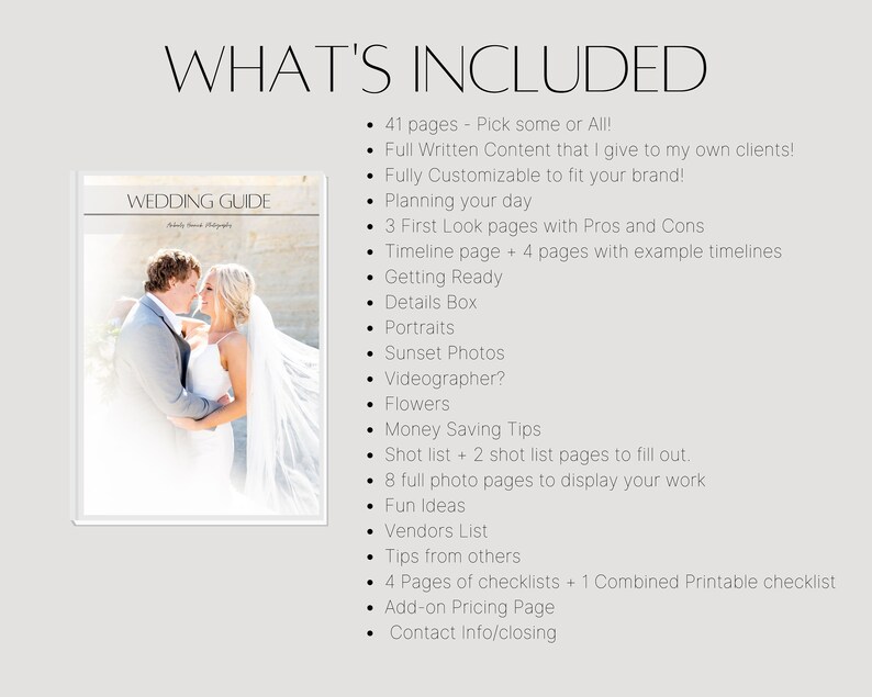 May include: A wedding guide with a photo of a couple on the cover. The guide includes 41 pages of content, checklists, and tips. The text "WHAT'S INCLUDED" is at the top, with a list of features.