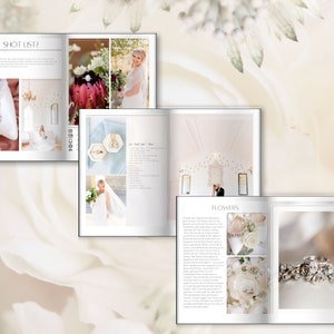 May include: A wedding photography magazine open to two pages, featuring images of a bride, flowers, and jewelry. The text "SHOT LIST?" is visible on the left page. The right page has the text "FLOWERS". The overall color scheme is soft and light.