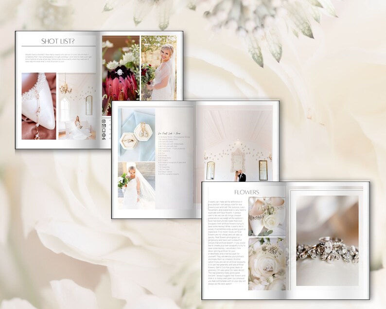 May include: A wedding photography magazine open to two pages, featuring images of a bride, flowers, and jewelry. The text "SHOT LIST?" is visible on the left page. The right page has the text "FLOWERS". The overall color scheme is soft and light.