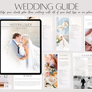 May include: A digital wedding guide with the title "WEDDING GUIDE" and the text "Help your clients plan their wedding with all of your best tips in one place!". The guide includes photos of a couple, rings, and wedding details.