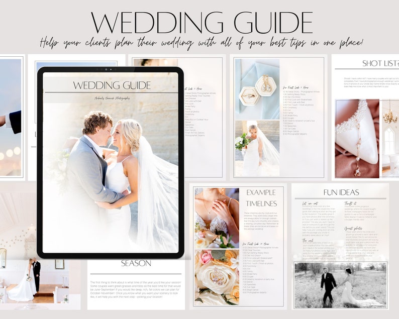 May include: A digital wedding guide with the title "WEDDING GUIDE" and the text "Help your clients plan their wedding with all of your best tips in one place!". The guide includes photos of a couple, rings, and wedding details.