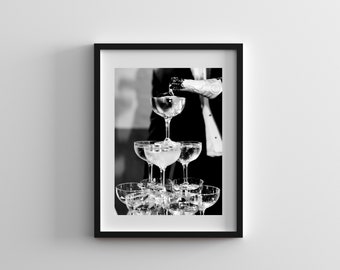 Classic CPouring Champagne Tower Black and White Champagne Instant Download Vertical Photo