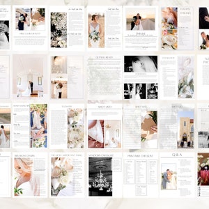 May include: A collection of wedding planning guides and checklists. The pages feature photographs of wedding details, couples, and floral arrangements. Text includes headings like "Planning Your Day," "Getting Ready," and "Vendors List."