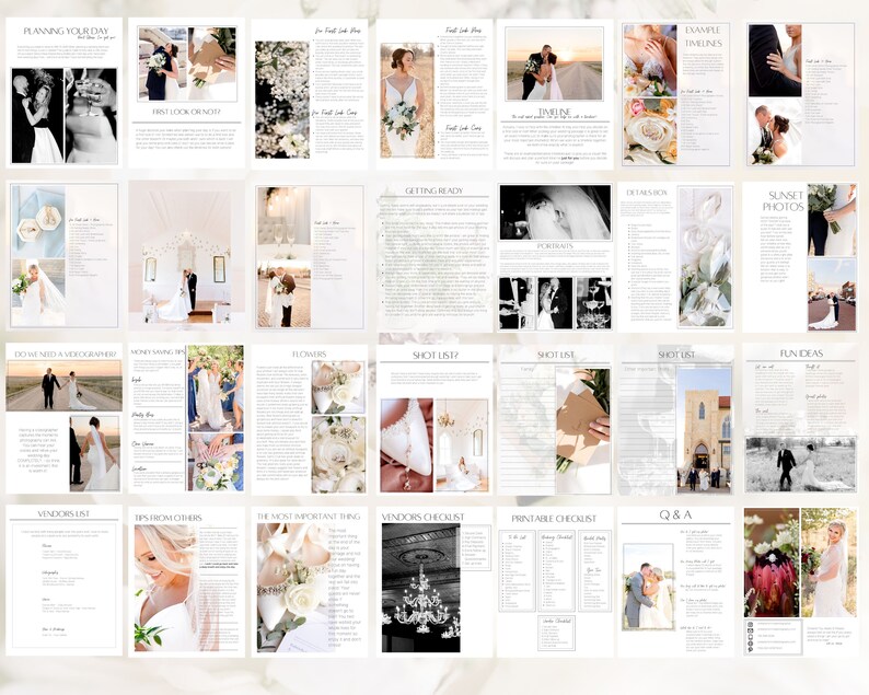 May include: A collection of wedding planning guides and checklists. The pages feature photographs of wedding details, couples, and floral arrangements. Text includes headings like "Planning Your Day," "Getting Ready," and "Vendors List."