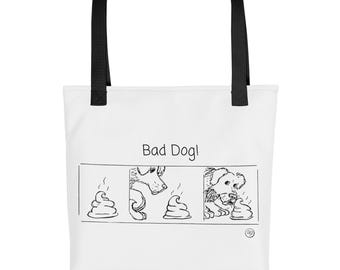 Könnte beinhalten: Weiße Tragetasche mit schwarzen Henkeln. Sie zeigt eine schwarz-weiße Cartoon-Illustration eines Hundes und den Text "Bad Dog!". Die Illustration zeigt einen Hund und drei Haufen Kot.