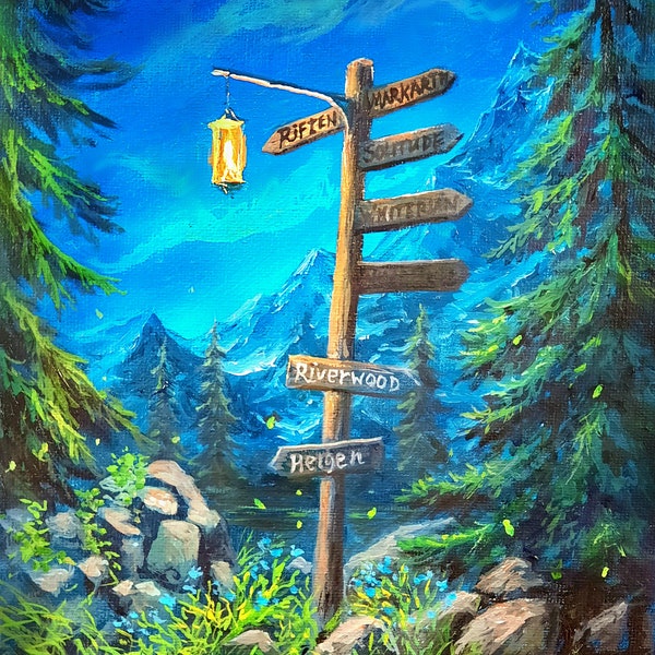 Elder Scrolls Skyrim Trail Sign Path to Whiterun - impression d'art signée