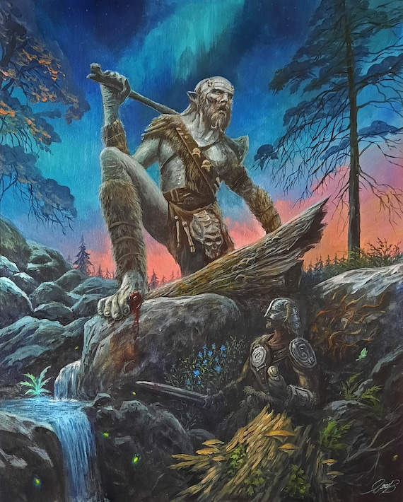 Elder Scols Skyrim Dragonborn i Giant s Toe Malarstwo olejne dla alchemika poszukiwacza przygod lub aptekarza limitowana edycja podpisany wydruk