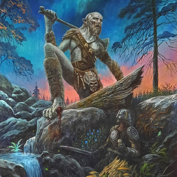 Elder Scrolls Skyrim Dragonborn and Giant's Toe Peinture à l'huile pour aventurier alchimiste ou apothicaire en édition limitée, impression signée