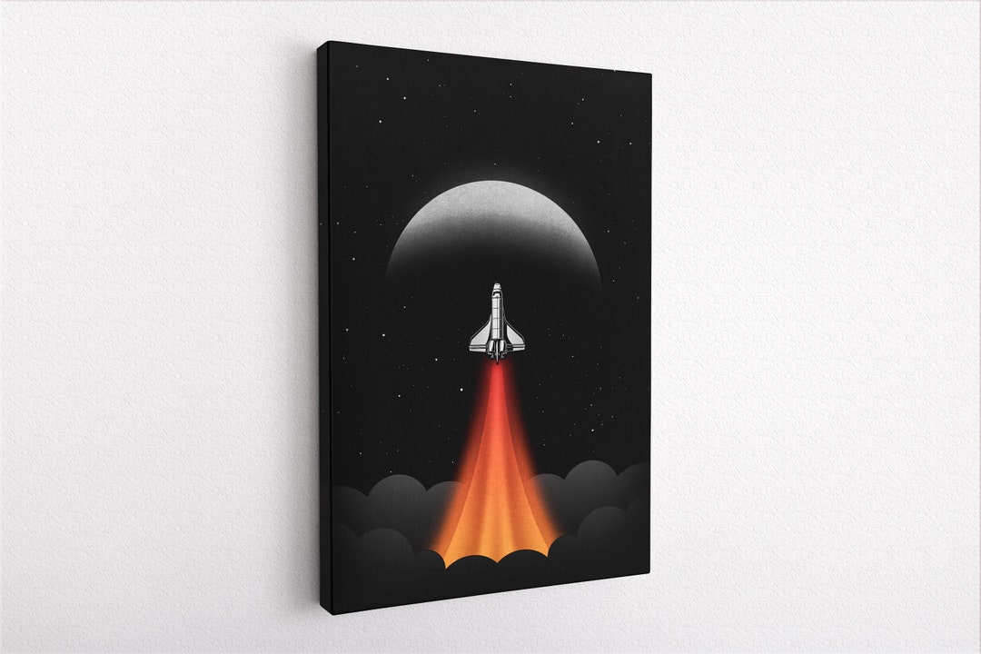 Space Wall Art, Rocket Ship and Moon and Black Canvas Art, Large Canvas