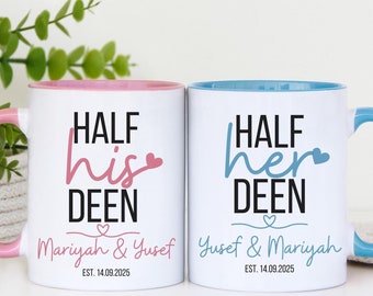 Personalised Islamic Wedding Mugs Gift Set, Nikkah Mubarak, Half His Her Deen, Custom Name Date, Muslim Wedding Gift
