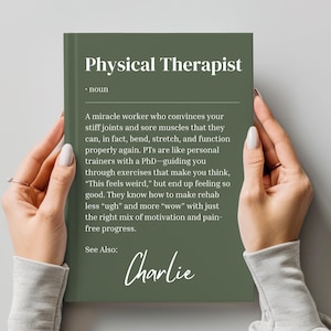 May include: A green card with the text "Physical Therapist" and a definition of the term. The card also includes the name "Charlie" written in cursive.
