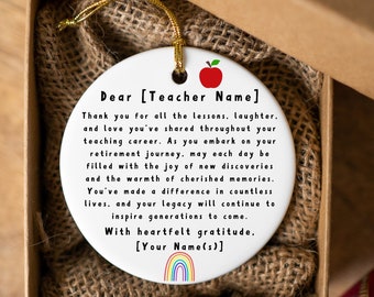 Personalized Retired Teacher Ornament, Teacher Retirement Gift, Keepsake, Custom Name, 2024 Teacher appreciation, Retiring Teacher.