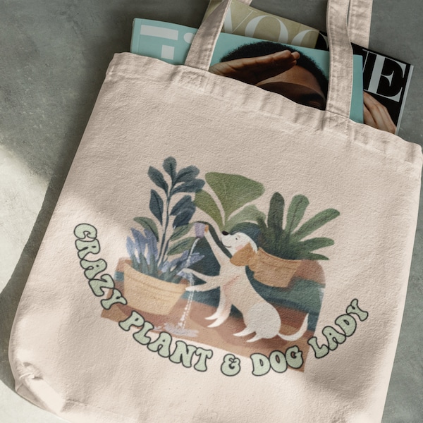 Plants and dog lover Totebag, Plant Lover Gift, Plant Mom Gifts, Gardening Tote, Botanical, Plants bag, Plant Mum totebag , Crazy Plant Lady